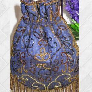 Vintage Beaded Evening Bag  Navy w/Gold Thread and Multi-Color Seed Beads  EUC